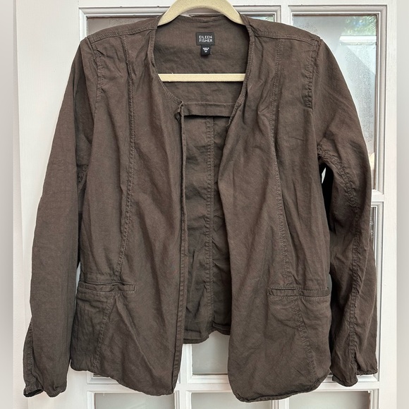 Eileen Fisher Brown Linen Open Front Jacket Size Medium M Minimalist Preppy - Picture 1 of 9
